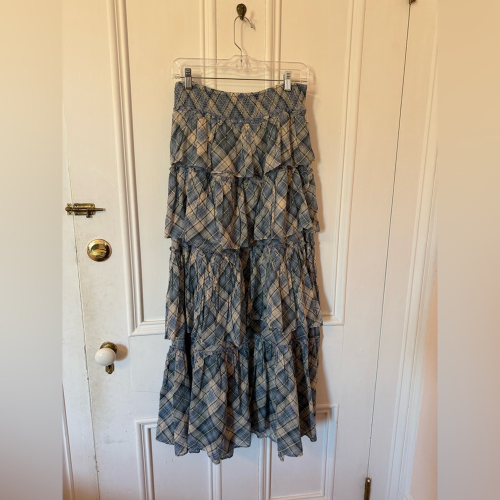 Free People Navy and Cream Plaid Maxi Skirt